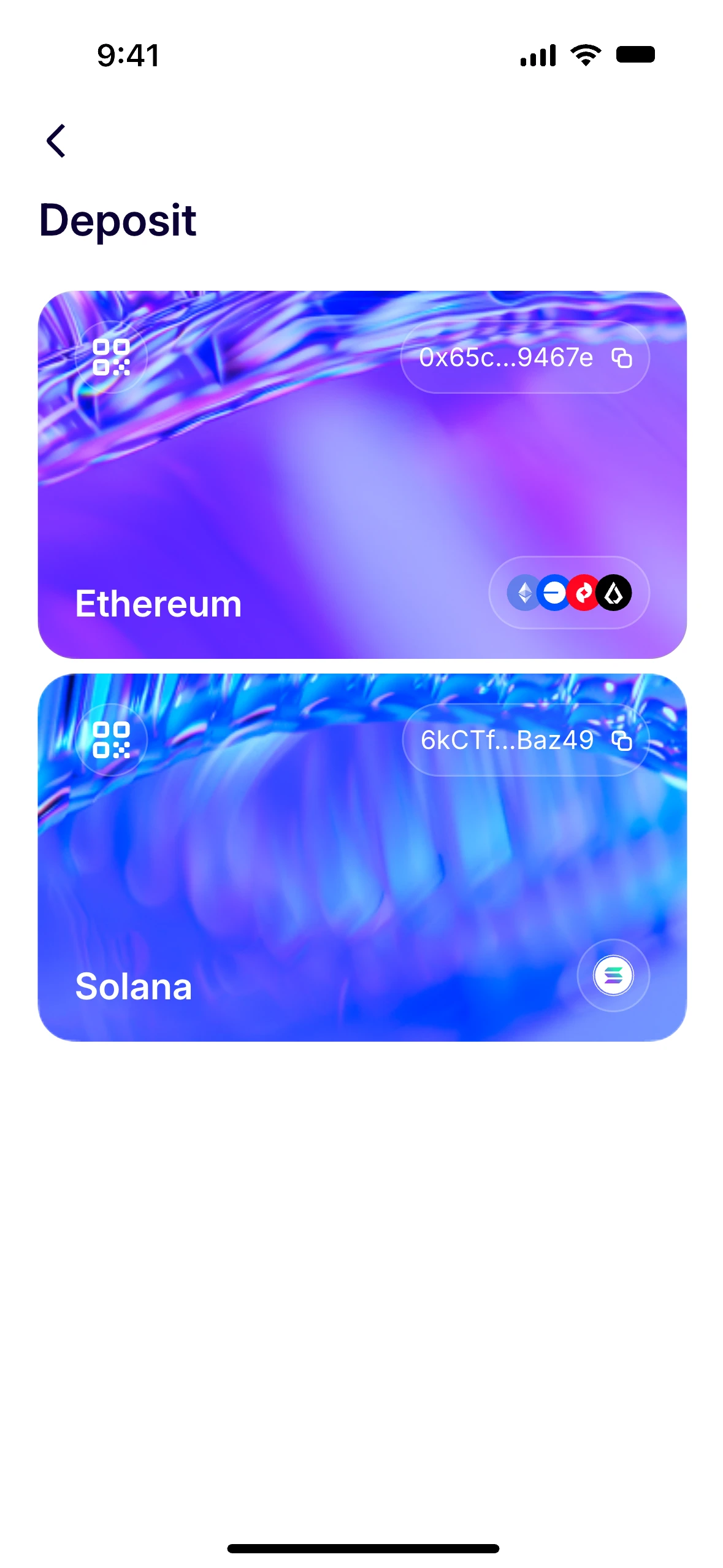 Deposit screen with QR codes