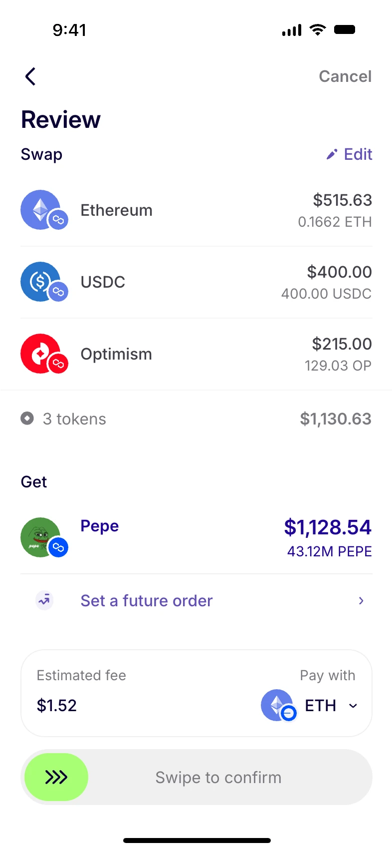 Swap review screen